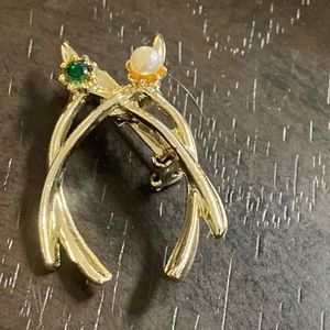 Double Wishbone Faux Pearl and Blue Rhinestone Brooch